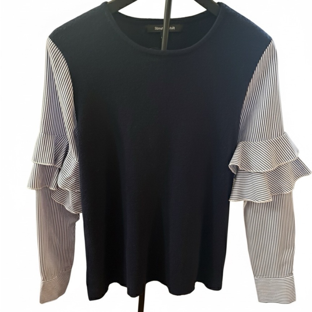 Elegant Ruffle Sleeve Blouse - dark blue and white